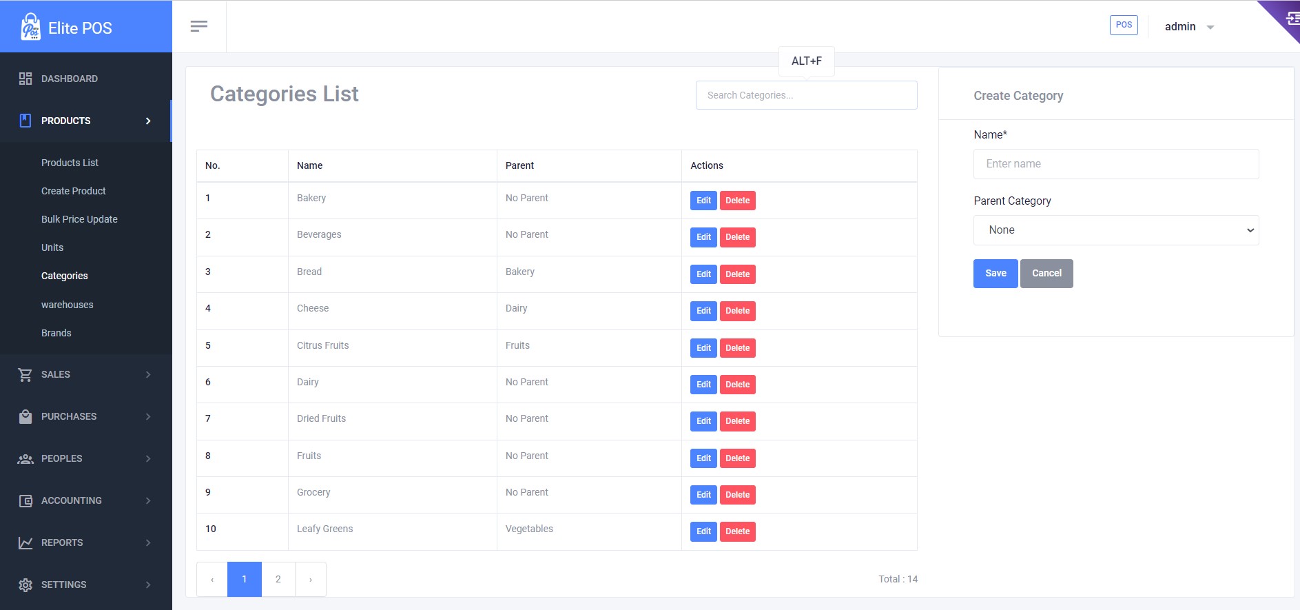 Categories List Screenshot